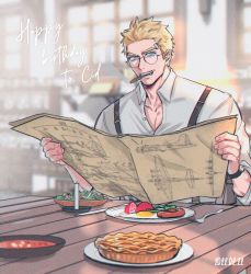 Rule 34 | 1boy, bandage on face, bandages, blonde hair, blue eyes, candle, character name, cid highwind, cigar, collared shirt, egg, final fantasy, final fantasy vii, food, fork, glasses, gunbam, happy birthday, highres, indoors, looking at viewer, male focus, mature male, open collar, open mouth, pie, plate, salad, sausage, shirt, short hair, sitting, sleeves rolled up, smoking, solo, suspenders, table, upper body, watch, white shirt, window, wooden table, wristwatch