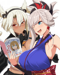 Rule 34 | 2girls, bare shoulders, blonde hair, blue eyes, blush, breasts, crossover, dark-skinned female, dark skin, fate/grand order, fate (series), finger to own chin, fingerless gloves, glasses, gloves, grey-framed eyewear, highres, huge breasts, kantai collection, kloah, long hair, magazine (object), miyamoto musashi (fate), miyamoto musashi (first ascension) (fate), multiple girls, musashi (kancolle), musashi kai (kancolle), name connection, one eye closed, red eyes, sideboob, silver hair, skirt, smile, twintails