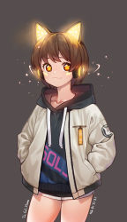 Rule 34 | 1girl, absurdres, bad id, bad twitter id, brown hair, character request, copyright request, cowboy shot, dated, drawstring, glowing, grey background, hands in pockets, highres, hood, hood down, hoodie, looking at viewer, short hair, shorts, simple background, smile, solo, star-shaped pupils, star (symbol), stardown95, symbol-shaped pupils