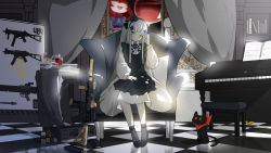 Rule 34 | 1girl, absurdres, aged down, armchair, assault rifle, bingzhi juzi, black cat, black dress, black footwear, black hairband, black ribbon, bow, bowtie, cake, cat, chair, checkered bow, checkered bowtie, checkered clothes, checkered floor, chinese commentary, closed mouth, cup, dial, drawing (object), dress, drinking glass, food, full body, girls&#039; frontline, green eyes, gun, h&amp;k hk416, h&amp;k ump, hair ornament, hair ribbon, hairband, hairclip, hat, highres, hk416 (black kitty&#039;s gift) (girls&#039; frontline), hk416 (girls&#039; frontline), instrument, knife, long hair, long sleeves, looking at viewer, magazine (weapon), mini hat, official alternate costume, piano, ribbon, rifle, scenery, shoes, sitting, socks, solo, submachine gun, teardrop facial mark, teardrop tattoo, twintails, weapon, weapon rack, weapon request, white hair, wine glass