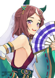 Rule 34 | 1girl, absurdres, animal ears, artist logo, bare shoulders, blush, breasts, butterfly hair ornament, detached sleeves, dress, ear covers, folding fan, from side, hair ornament, hairclip, hand fan, hand up, highres, holding, holding fan, horse ears, jtleeklm, looking at viewer, multicolored hair, open mouth, purple eyes, sash, short hair, simple background, sleeveless, sleeveless dress, small breasts, smile, solo, streaked hair, tsurumaru tsuyoshi (a smile sent from heaven) (umamusume), tsurumaru tsuyoshi (umamusume), umamusume, upper body, veil, watermark, white background
