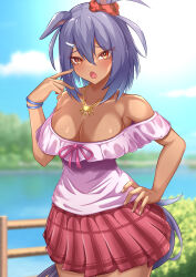 Rule 34 | 1girl, absurdres, animal ears, bare shoulders, blue sky, blurry, blurry background, breasts, cleavage, cloud, commentary request, cowboy shot, day, eve on k, fang, hair between eyes, hand on own hip, hand up, highres, hishi amazon (umamusume), horse ears, jewelry, large breasts, looking at viewer, miniskirt, necklace, off-shoulder shirt, off shoulder, open mouth, orange eyes, outdoors, pink ribbon, pink shirt, pleated skirt, purple hair, red skirt, ribbon, shirt, short hair, short sleeves, skirt, sky, solo, standing, tail, thighs, umamusume