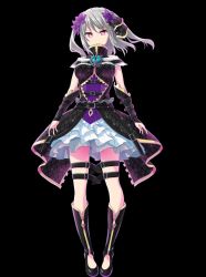 Rule 34 | 1girl, blush, breasts, frilled skirt, full body, grey hair, high heel boots, knee boots, long hair, looking at viewer, medium breasts, miniskirt, official art, project tokyo dolls, red eyes, skirt, sleeveless, solo, square enix, standing, transparent background, yuki (project tokyo dolls)