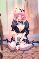 Rule 34 | 1girl, blush, breasts, closed mouth, dress, fate/grand order, fate (series), formal, heels, highres, large breasts, light purple hair, looking at viewer, maid, mash kyrielight, no bra, pat bharasarn, purple eyes, purple hair, short hair, sitting, solo, thighhighs, thighs