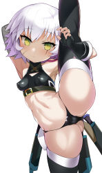 Rule 34 | 1girl, arm belt, bandaged arm, bandages, bare shoulders, black panties, black thighhighs, blush, breasts, cameltoe, closed mouth, covered erect nipples, crop top, facial scar, fate/apocrypha, fate/grand order, fate (series), fingerless gloves, gloves, green eyes, highres, jack the ripper (fate/apocrypha), knife, looking at viewer, navel, panties, scar, scar across eye, scar on cheek, scar on face, sheath, shimejinameko, short hair, shoulder tattoo, simple background, single glove, slit pupils, small breasts, split, standing, standing on one leg, standing split, tattoo, thighhighs, thighs, underwear, white background, white hair
