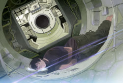 Rule 34 | 1girl, bad id, bad pixiv id, barefoot, black eyes, black hair, cable, indoors, international space station, lens flare, lying, notepad, on side, original, pen, realistic, science fiction, shiira, short hair, solaris (copyright), solo, spacecraft, spacecraft interior, window