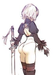 Rule 34 | 1girl, ass, back, boots, from behind, gloves, hairband, holding, holding sword, holding weapon, katana, kitsune n, leotard, nier (series), nier:automata, no pants, simple background, skindentation, solo, sword, thighhighs, thighhighs under boots, unfinished, weapon, white background, white hair, 2b (nier:automata)