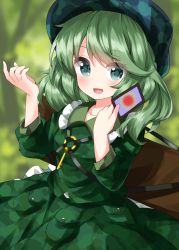 Rule 34 | 1girl, :d, bag, black hat, blurry, blurry background, blush, cellphone, collarbone, day, depth of field, dress, green dress, green eyes, green hair, hand up, hat, highres, holding, holding phone, long hair, long sleeves, looking at viewer, open mouth, outdoors, phone, ruu (tksymkw), smile, solo, touhou, yamashiro takane