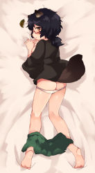 Rule 34 | 10s, 1girl, animal ears, ass, bad id, bad pixiv id, barefoot, black eyes, black hair, blush, breasts, clothes pull, dakimakura (medium), embarrassed, from above, from behind, full body, girls und panzer, glasses, green skirt, hair tie, haori, highres, japanese clothes, leaf, looking at viewer, looking back, lying, messy hair, miniskirt, on stomach, open clothes, open skirt, oryou (girls und panzer), panties, panty pull, parted lips, pleated skirt, raccoon ears, raccoon tail, red-framed eyewear, semi-rimless eyewear, short hair, short ponytail, sideboob, sketch, skirt, skirt pull, solo, tail, toyosu toyosu, under-rim eyewear, underwear, white panties