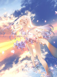Rule 34 | 1girl, 2021, artist name, back, bare legs, barefoot, breasts, choco (chocolate shop), cloud, dated, dawn, dress, melusine (fate), fate/grand order, fate (series), flower, flower ornament, frilled dress, frills, full body, holding hands, highres, looking at viewer, looking back, official art, orange eyes, petals, pov, rose, running, running on liquid, sidelocks, sky, small breasts, smile, splashing, sun, sunlight, twitter username, water, white dress, white hair
