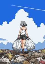 Rule 34 | 1girl, aircraft, airplane, bag, barefoot, black hair, blue sky, cloud, commentary request, copyright request, dirty, dirty feet, dirty hands, from behind, full body, holding, holding bag, jet, kasuga (kasuga39), miniskirt, pleated skirt, skirt, sky, solo, tank top, trash bag, white tank top