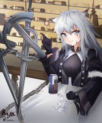 Rule 34 | 1girl, alcohol, animal ear fluff, animal ears, arknights, bad id, bad pixiv id, beer, beer can, black coat, black jacket, black shorts, blush, can, coat, drink can, glass bottle, gloves, grey eyes, grey gloves, grey hair, hair between eyes, has bad revision, has downscaled revision, highres, jacket, lappland (arknights), lappland (refined horrormare) (arknights), long hair, long sleeves, looking at viewer, md5 mismatch, official alternate costume, resolution mismatch, ryn (rinorea), shorts, smile, solo, source smaller, sword, weapon, wolf ears