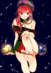 Rule 34 | 1girl, arm support, bare legs, bare shoulders, barefoot, black background, black collar, black shirt, chain, collar, commentary request, earth (ornament), feet, feet out of frame, foot focus, green skirt, hecatia lapislazuli, knee up, long hair, looking at viewer, miniskirt, moon (ornament), multicolored clothes, multicolored skirt, off-shoulder shirt, off shoulder, one-hour drawing challenge, parted lips, plaid, plaid skirt, red eyes, red hair, red skirt, satoupote, shirt, short sleeves, simple background, sitting, skirt, smile, soles, solo, t-shirt, thighs, touhou