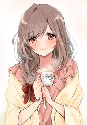 Rule 34 | 1girl, blush, braid, braided ponytail, brown hair, cup, hair over shoulder, hair ribbon, highres, holding, holding cup, icca ma, idolmaster, idolmaster shiny colors, looking at viewer, pink shirt, ribbon, shawl, shirt, side ponytail, simple background, smile, solo, steam, tsukioka kogane, upper body, white background, yellow shawl