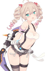 Rule 34 | 1girl, ahoge, bare shoulders, black gloves, black shorts, blade (galaxist), bow (weapon), breasts, cleavage, collarbone, commentary request, covered navel, drill hair, gloves, gradient hair, green eyes, grey thighhighs, hair between eyes, hair ribbon, highres, holding, holding bow (weapon), holding weapon, light brown hair, long hair, looking at viewer, medium breasts, micro shorts, multicolored hair, open mouth, pink hair, red ribbon, ribbon, shorts, simple background, solo, strap slip, thighhighs, torn clothes, tower of fantasy, twin drills, weapon, white background