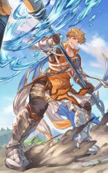 Rule 34 | 1boy, absurdres, armor, blonde hair, blue sky, boots, brown gloves, day, fighting stance, full body, gauntlets, gloves, granblue fantasy, grin, highres, holding, holding polearm, holding weapon, male focus, nyapanu, orange tunic, outdoors, polearm, short hair, sky, smile, solo, standing, vane (granblue fantasy), water, weapon
