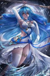 Rule 34 | 1girl, aodavid23, arm up, armpits, artist name, asymmetrical legwear, azura (fire emblem), backless dress, backless outfit, blue hair, blue ribbon, blush, breasts, commentary, detached sleeves, dress, english commentary, feet out of frame, fingerless gloves, fire emblem, fire emblem fates, gloves, hair between eyes, hair spread out, highres, holding, holding polearm, holding spear, holding weapon, jewelry, lace, lace-trimmed legwear, lace trim, long hair, medium breasts, nail polish, necklace, nintendo, polearm, ribbon, signature, solo, spear, thighhighs, uneven legwear, very long hair, water, watermark, weapon, web address, white dress, yellow eyes
