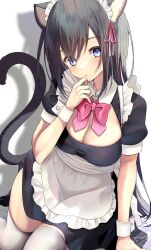 Rule 34 | 1girl, animal ear fluff, animal ears, apron, black hair, blue eyes, bow, breasts, cat ears, cat girl, cat tail, chita (ketchup), cleavage, cleavage cutout, closed mouth, clothing cutout, collared dress, commentary request, dress, drop shadow, frilled apron, frills, hand up, highres, long hair, looking at viewer, maid, maid headdress, medium breasts, original, pink bow, puffy short sleeves, puffy sleeves, short sleeves, simple background, solo, tail, thighhighs, very long hair, white apron, white background, white thighhighs, wrist cuffs