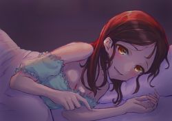 Rule 34 | 1girl, absurdres, ayase honoka, black hair, breasts, cleavage, highres, idolmaster, idolmaster cinderella girls, idolmaster cinderella girls starlight stage, long hair, looking at viewer, lying, on bed, on side, open mouth, parted bangs, pillow, smile, solo, torishu (kumataka 4867), under covers, yellow eyes