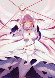 Rule 34 | 1girl, 762807438, absurdres, breasts, cleavage, dress, gloves, highres, kaname madoka, long hair, looking at viewer, mahou shoujo madoka magica, pink hair, smile, solo, two side up, ultimate madoka, white dress, white gloves, yellow eyes