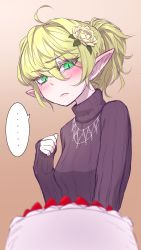 Rule 34 | ..., 1girl, ahoge, blonde hair, blurry, blush, cake, colored eyelashes, commentary request, contemporary, depth of field, flower, food, from below, frown, fruit, gem, gradient background, green eyes, green gemstone, hair flower, hair ornament, head tilt, highres, jewelry, looking at viewer, miata (miata8674), mizuhashi parsee, necklace, pink background, pointy ears, ribbed sweater, rose, short hair, short ponytail, simple background, sketch, sleeves past wrists, slit pupils, solo, spoken ellipsis, strawberry, sweater, touhou, turtleneck, turtleneck sweater, yellow flower, yellow rose