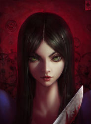 Rule 34 | 1girl, alice: madness returns, alice (alice in wonderland), alice in wonderland, alice liddell (american mcgee&#039;s alice), american mcgee&#039;s alice, black hair, blood, close-up, dress, green eyes, highres, image sample, knife, lips, long hair, looking at viewer, photorealistic, realistic, smile, solo, weapon, zeronis
