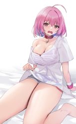 Rule 34 | 1girl, breasts, cleavage, clothes lift, drooling, highres, idolmaster, large breasts, mouth drool, pepeo, pink hair, shirt lift, short hair, short shorts, shorts, simple background, sitting, solo, thick thighs, thighs, white background, yumemi riamu