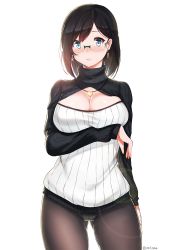 Rule 34 | 1girl, anti (0324), black hair, black pantyhose, blue eyes, blush, breasts, cleavage, cleavage cutout, clothing cutout, earrings, glasses, highres, jewelry, large breasts, long sleeves, looking at viewer, meme attire, open-chest sweater, original, panties, panties under pantyhose, pantyhose, ribbed sweater, short hair, simple background, solo, sweater, turtleneck, underwear, white background