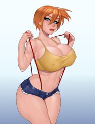 Rule 34 | 1girl, absurdres, blue eyes, breasts, cleavage, commentary, cowboy shot, creatures (company), crocodilchikart, denim, denim shorts, english commentary, game freak, hair between eyes, highres, large breasts, looking at viewer, misty (pokemon), navel, nintendo, orange hair, pokemon, pokemon (anime), pokemon (classic anime), short shorts, shorts, side ponytail, solo, suspender shorts, suspenders