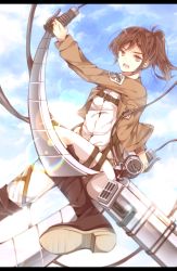 Rule 34 | 1girl, absurdres, bad id, bad pixiv id, boots, brown eyes, brown hair, cloud, day, highres, jacket, lens flare, letterboxed, open mouth, pants, ponytail, reverse grip, sasha blouse, shiina (s kashi s), shingeki no kyojin, sky, solo, sword, teeth, thigh strap, three-dimensional maneuver gear, weapon