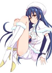 Rule 34 | 10s, 1girl, blue hair, blush, boots, brown eyes, capelet, clearite, detached sleeves, dress, hat, highres, knee boots, long hair, looking at viewer, love live!, love live! school idol project, short shorts, shorts, smile, snow halation, solo, sonoda umi, thigh boots, thighhighs