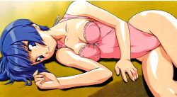 Rule 34 | 1girl, ai yori aoshi, beach, blue eyes, blue hair, highres, lying, matching hair/eyes, non-web source, official art, on side, one-piece swimsuit, pink one-piece swimsuit, sakuraba aoi, short hair, solo, swimsuit