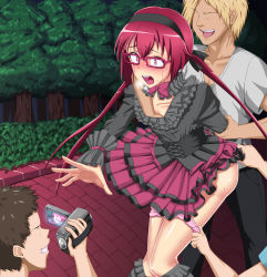 Rule 34 | 10s, 1girl, 3boys, arm behind back, assisted exposure, blonde hair, blush, boots, grabbing another&#039;s breast, brown hair, camcorder, constricted pupils, dsc 103, evil grin, evil smile, faceless, faceless male, frills, glasses, grabbing, grin, hairband, highres, humiliation, joukamachi no dandelion, knees together feet apart, long hair, multiple boys, open mouth, outdoors, panties, pants, panty pull, pink panties, rape, recording, red eyes, red hair, restrained, ribbon, sakurada akane, short hair, skirt, smile, tears, twintails, underwear, video camera
