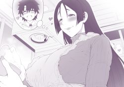 Rule 34 | 1girl, :d, alternate costume, aoyama akira, apron, blush, breasts, closed mouth, commentary request, curvy, fate/grand order, fate (series), from below, fujimaru ritsuka (male), hair between eyes, heart, kitchen, large breasts, long hair, mature female, minamoto no raikou (fate), monochrome, motherly, open mouth, parted bangs, ribbed sweater, short hair, smile, sweater, turtleneck, turtleneck sweater, very long hair, washing dishes