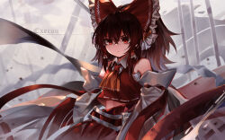 Rule 34 | 1girl, absurdres, ascot, bare shoulders, bow, breasts, brown hair, closed mouth, collared shirt, cowboy shot, detached sleeves, frilled bow, frilled hair tubes, frills, hair between eyes, hair bow, hair tubes, hakurei reimu, highres, light frown, long sleeves, looking ahead, medium hair, midriff, navel, red bow, red eyes, red ribbon, red skirt, red vest, ribbon, ribbon-trimmed sleeves, ribbon trim, sarashi, shirt, sidelocks, skirt, skirt set, small breasts, solo, top-exerou, touhou, vest, white background, wide sleeves, yellow ascot