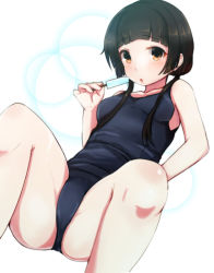 Rule 34 | 10s, 1girl, amayadori machi, bare shoulders, black hair, blunt bangs, blush, breasts, brown eyes, food, kumamiko, long hair, looking at viewer, low twintails, old school swimsuit, one-piece swimsuit, popsicle, ryuu., school swimsuit, small breasts, solo, swimsuit, twintails