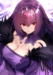 Rule 34 | 1girl, :o, bare shoulders, breasts, cleavage, collarbone, commentary request, crystal, dress, eyelashes, fate/grand order, fate (series), fur trim, hair between eyes, hair ribbon, highres, jewelry, large breasts, long hair, long sleeves, looking at viewer, necklace, ninoude (ninoude44), purple dress, purple hair, red eyes, ribbon, scathach (fate), scathach skadi (fate), solo, tiara, upper body