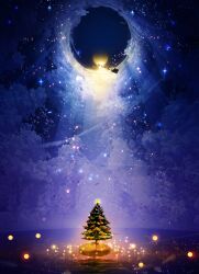 Rule 34 | animal, bird, cat, christmas, christmas lights, christmas ornaments, christmas tree, cloud, cloudy sky, flying, gift, glowing, highres, makoron117117, midair, original, reindeer, scenery, silhouette, sky, sleigh, star (sky), star ornament, starry sky