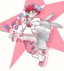 Rule 34 | 1girl, absurdres, alternate color, backpack, bag, blush, boots, closed mouth, commentary request, creatures (company), game freak, gen 6 pokemon, glasses, grey bag, hand in pocket, hand up, highres, holding, holding poke ball, hood, hood down, hoodie, multicolored hair, nintendo, pantyhose, penny (pokemon), pink pantyhose, poke ball, poke ball (basic), pokemon, pokemon (creature), pokemon masters ex, red hair, round eyewear, see-through, see-through skirt, short hair, shorts, skirt, smile, sylveon, two-tone hair, white footwear, white hoodie, white shorts, yuurio315v