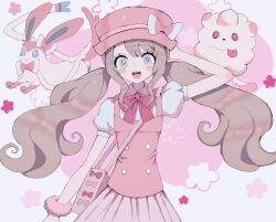 Rule 34 | 1girl, :d, arm behind head, bad id, bad twitter id, blue eyes, blush, bow, bracelet, brown hair, closed mouth, collared shirt, cowboy shot, creatures (company), flower, game freak, gen 6 pokemon, hand up, hat, highres, jewelry, long hair, looking at viewer, low twintails, nintendo, open mouth, pink bag, pink bow, pink flower, pink hat, pink shirt, pink skirt, pleated skirt, pokemon, pokemon (creature), puffy short sleeves, puffy sleeves, shirt, short sleeves, sidelocks, skirt, smile, solo, standing, swirlix, sylveon, twintails, white shirt, yuyuyuyhz