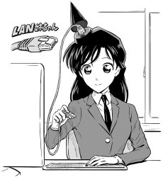 Rule 34 | 1girl, blazer, cable, chair, closed mouth, collared shirt, ethernet cable, facing viewer, greyscale, indoors, jacket, keyboard (computer), long hair, long sleeves, meitantei conan, monitor, monochrome, mouri ran, name connection, necktie, parody, pointy hair, pun, sakkan, shirt, sitting, solo, translated, window, wing collar