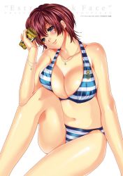 Rule 34 | 1girl, anchor symbol, bikini, blue bikini, blush, bottle, breast press, breasts, cleavage, drink, earrings, green eyes, hair between eyes, head tilt, highres, holding, jewelry, knee to chest, large breasts, lips, looking at viewer, lotion, namaiki!, navel, necklace, pendant, red hair, scan, short hair, sideboob, sitting, smile, solo, striped bikini, striped clothes, sunscreen, swimsuit, text focus, yu (bkks)