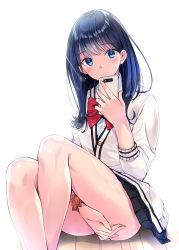Rule 34 | 10s, 1girl, ass, bad id, bad pixiv id, black hair, black skirt, blue eyes, blush, bow, bowtie, breasts, cardigan, cellphone, covering privates, covering crotch, gridman universe, highres, holding, holding phone, kobayashi chisato, long hair, long sleeves, looking at viewer, no panties, open mouth, orange scrunchie, phone, pleated skirt, red bow, school uniform, scrunchie, shirt, sidelocks, sitting, skirt, smartphone, solo, ssss.gridman, takarada rikka, thighs, white cardigan, white shirt, wrist scrunchie