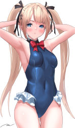 Rule 34 | 1girl, absurdres, armpits, arms up, black ribbon, blonde hair, blue one-piece swimsuit, blush, dead or alive, frilled swimsuit, frills, hair ribbon, halterneck, highres, hoki1314, long hair, looking at viewer, marie rose, one-piece swimsuit, ribbon, simple background, solo, standing, swimsuit, thighs, twintails, white background