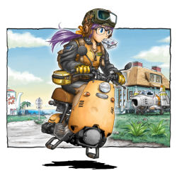 Rule 34 | 1girl, aged up, aircraft, airplane, blue eyes, building, chimney, clothes writing, cloud, day, dr. slump, fighter jet, full body, glasses, gloves, goggles, grass, helmet, house, hover scooter, jacket, jet, long hair, military, military vehicle, mouth hold, norimaki arale, ocean, palm tree, ponytail, purple hair, restaurant, road, road sign, shio no.9, sign, signpost, skirt, sky, solo, tree, vehicle focus