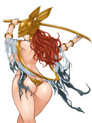 Rule 34 | 1girl, armor, bikini armor, bracelet, breasts, chain, covered eyes, elden ring, helmet, helmet over eyes, hidden eyes, highres, jewelry, large breasts, long hair, malenia blade of miquella, orange hair, revealing clothes, shiny skin, sideboob, skindentation, steamingtofu, sword, torn clothes, weapon, white background