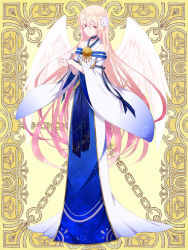 Rule 34 | 1girl, angel wings, blue dress, commission, dress, flower, full body, hair flower, hair ornament, jewelry, kerberos blade, l (matador), locket, long hair, pendant, pink eyes, pink hair, simple background, solo, standing, two-tone dress, very long hair, white dress, white wings, wide sleeves, wings, yellow background