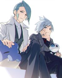 Rule 34 | 2boys, alternate costume, aron, black pants, black shirt, closed mouth, commentary request, creatures (company), crossed legs, fingernails, game freak, gen 3 pokemon, green hair, grey hair, grey jacket, hand on own cheek, hand on own face, highres, jacket, jewelry, looking at viewer, male focus, multiple boys, necktie, nintendo, on lap, pants, parted lips, pokemon, pokemon (creature), pokemon on lap, pokemon rse, red neckwear, ring, shirt, smile, spheal, spiked hair, steven stone, wallace (pokemon), xia (ryugo)
