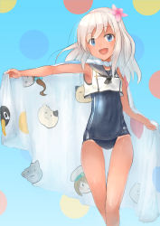 Rule 34 | 10s, 1girl, blonde hair, blue eyes, cape, crop top, flower, gradient background, hair flower, hair ornament, kantai collection, long hair, one-piece tan, ro-500 (kancolle), sailor collar, school swimsuit, solo, swimsuit, swimsuit under clothes, tan, tanline, towel, yagihachi