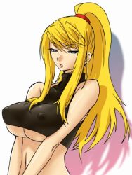 Rule 34 | 1girl, bare shoulders, blonde hair, blue eyes, bra, breasts, breasts squeezed together, covered erect nipples, crop top, from side, half-closed eyes, halterneck, high ponytail, large breasts, lingerie, long hair, looking at viewer, metroid, michael f91, midriff, nintendo, parted lips, ponytail, samus aran, shadow, sidelocks, simple background, sleeveless, sleeveless turtleneck, solo, sports bra, super metroid, turtleneck, underboob, underwear, upper body, v arms, white background